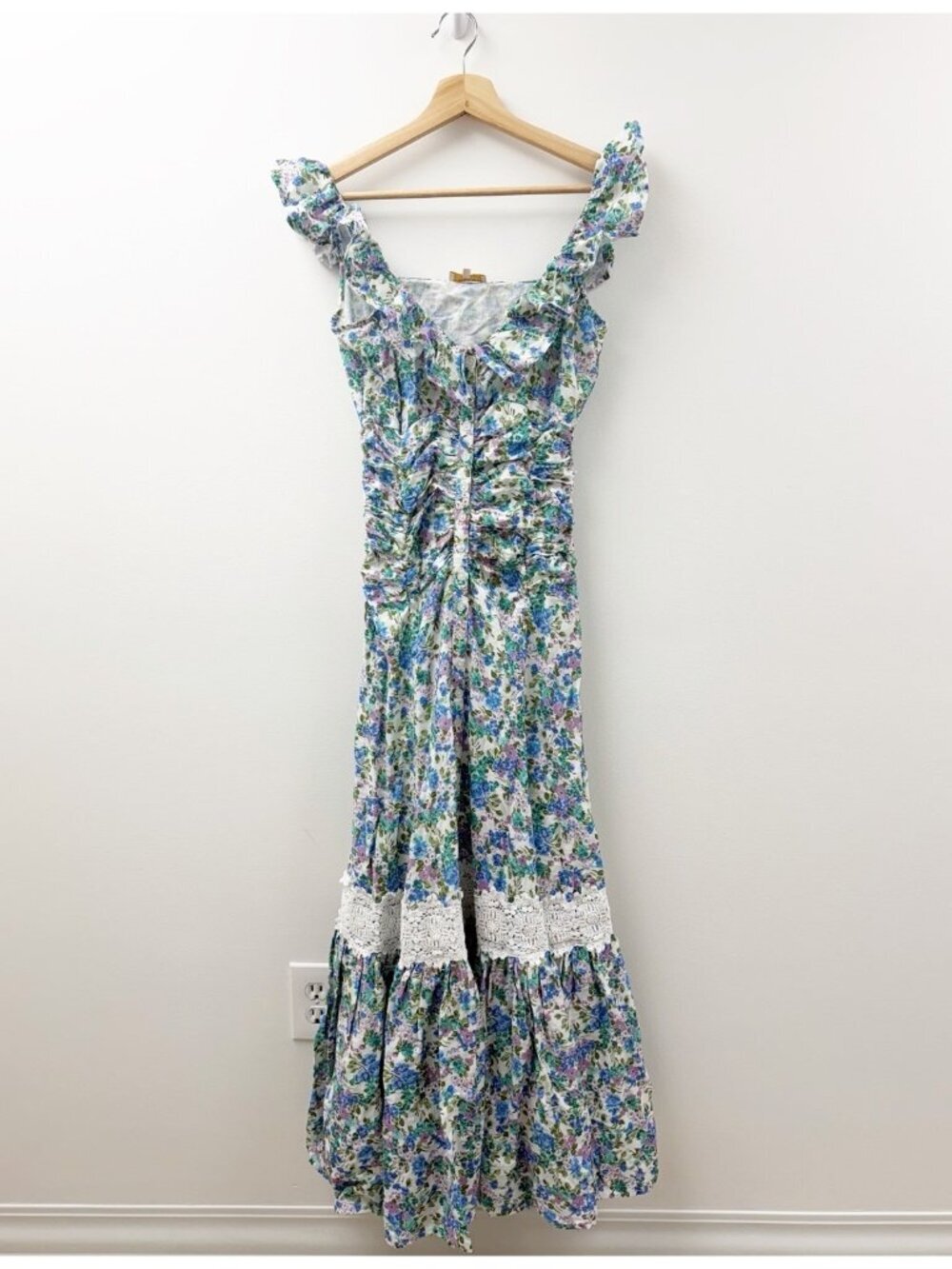 byTiMo Floral Linen Blend Maxi Dress Sz S Feminine Preppy Ruffle Button Front